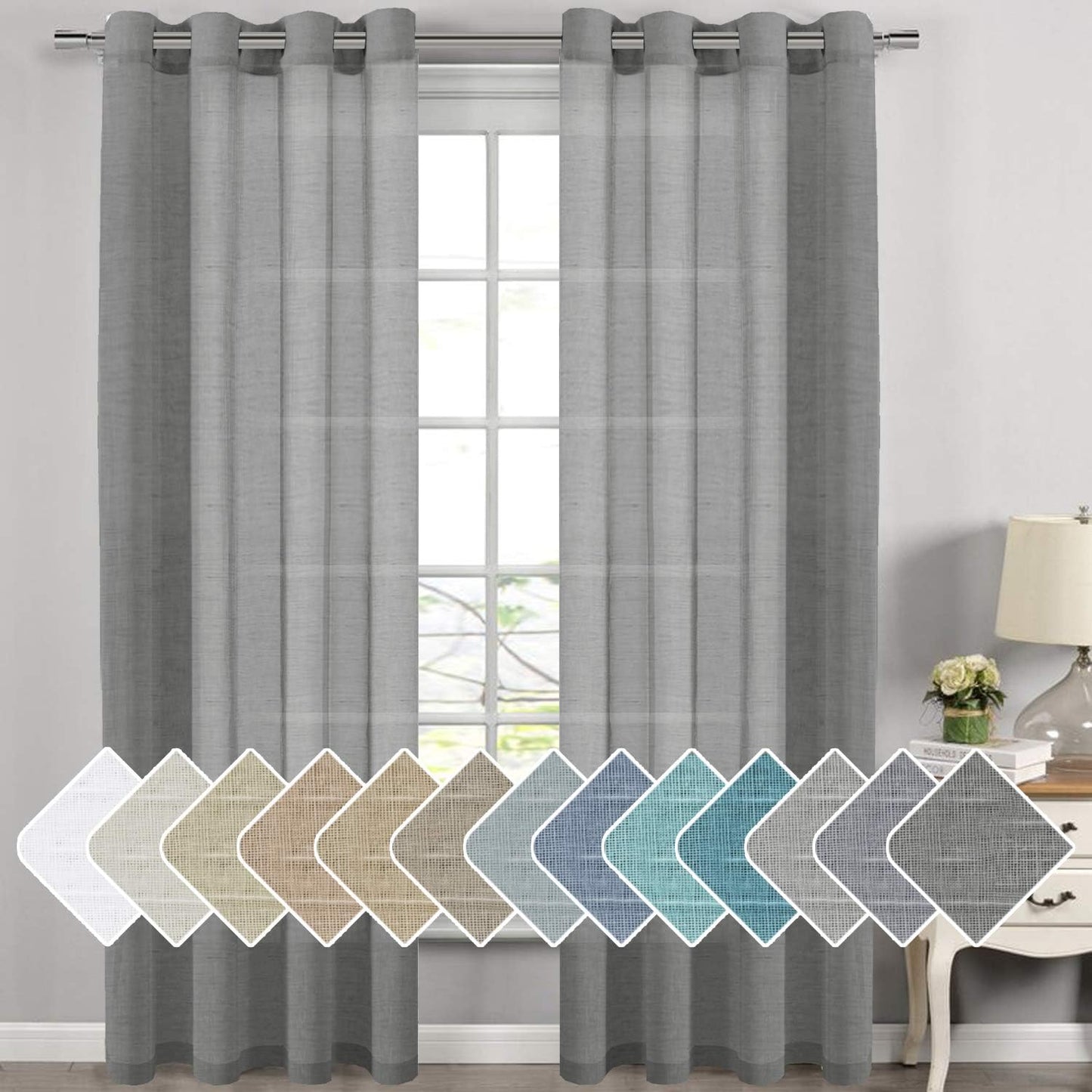 Linen Curtain Panel Pair Extra Long 108in Soft Sheer Charcoal Grey
