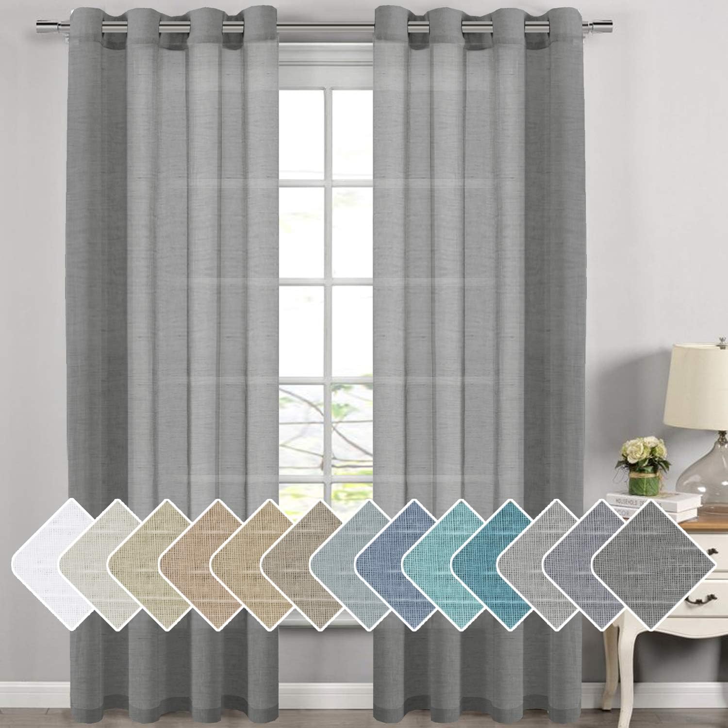 Linen Curtain Panel Pair Extra Long 108in Soft Sheer Charcoal Grey