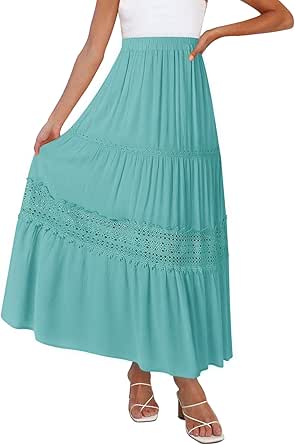 ZESICA Women's Summer Bohemian Lace Trim Flowy Maxi Skirt
