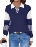 V Neck Long Sleeve Women's Color Block Striped Pullover - Cozy Knit