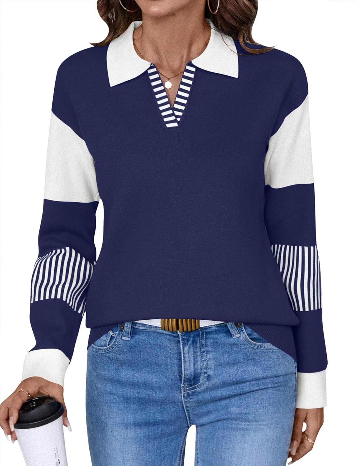LOMON V Neck Long Sleeve Loose Sweaters for Stylish Comfort
