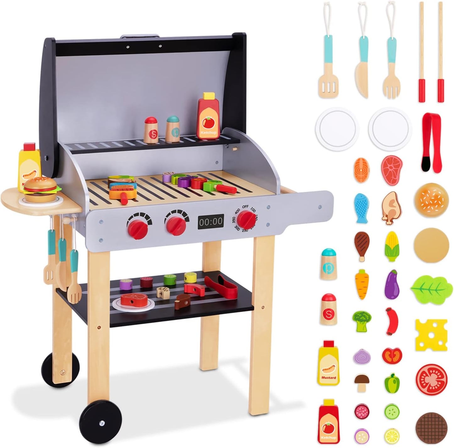 TookyToy Wooden Toy Grill Set - Realistic Play Kitchen Fun!