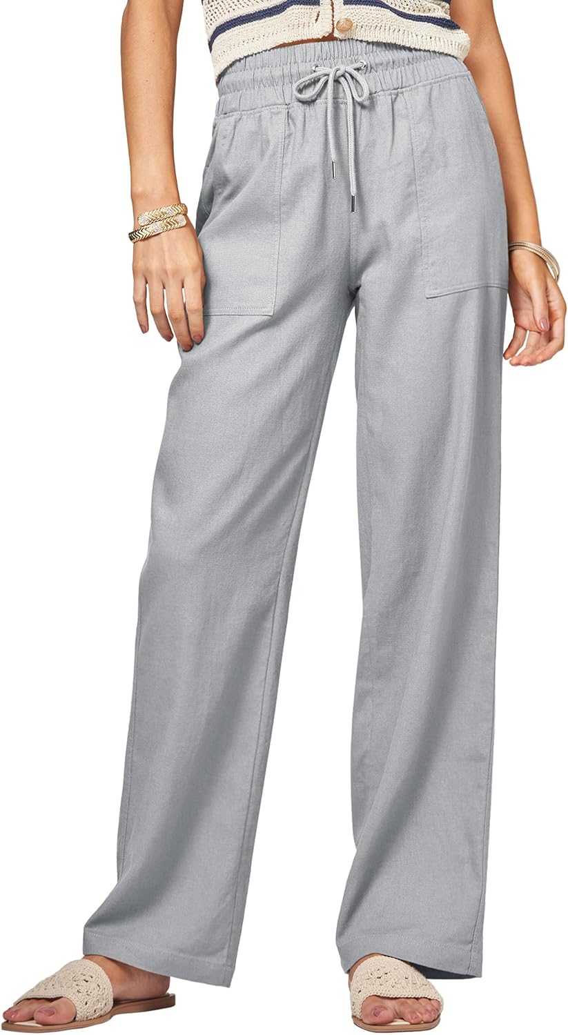 Women Linen Pants Wide Leg Palazzo Pants with Pockets