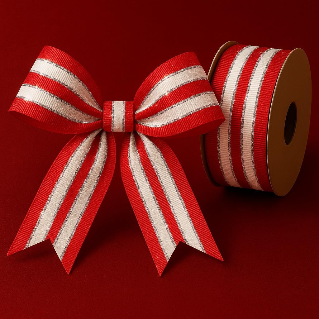 USA 1-1/2 in Red, White, Silver Holiday Grosgrain Ribbon 100 Yards