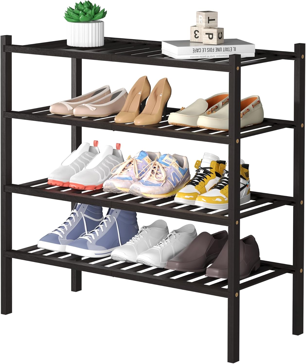 4 Tier Bamboo Shoe Rack for Closet - Stackable Wood Shelf