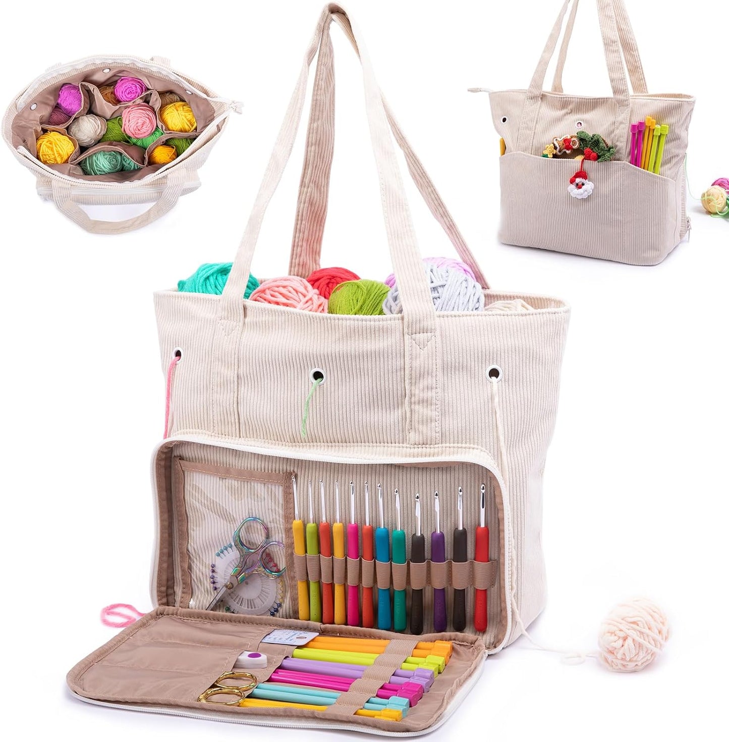 Large Corduroy Yarn Bag for Crochet Hooks & Accessories Storage