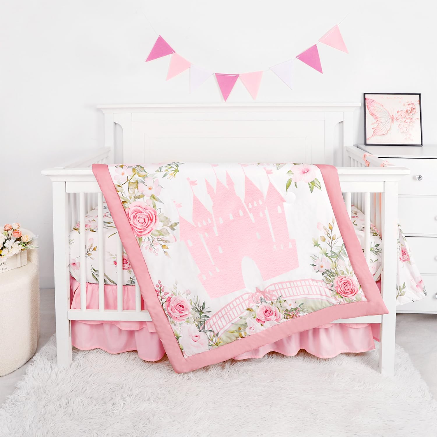 TANOFAR 4-Piece Crib Bedding Set for Baby Girls, Floral Theme