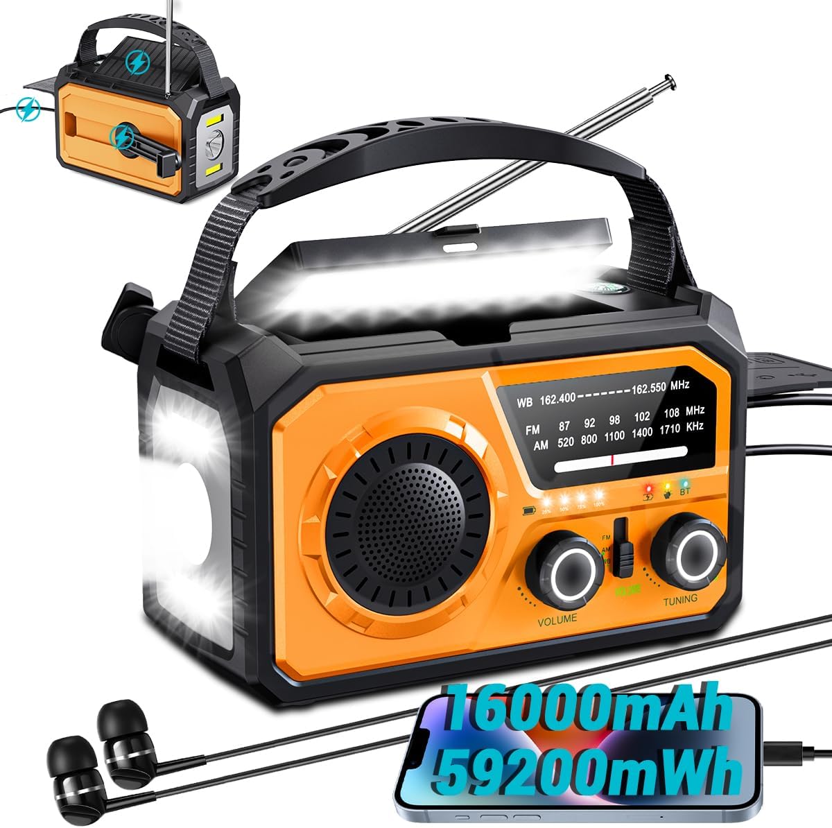 Emergency Solar Crank Radio - 16000mAh Power Bank