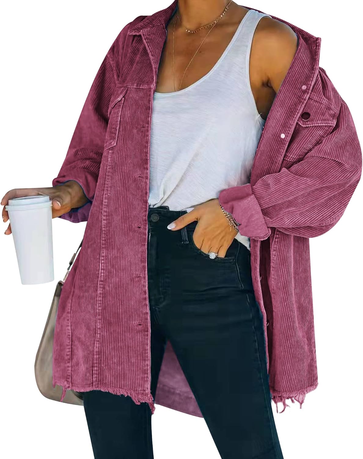 Hixiaohe Women's Oversized Corduroy Shirt Jacket for Casual Wear