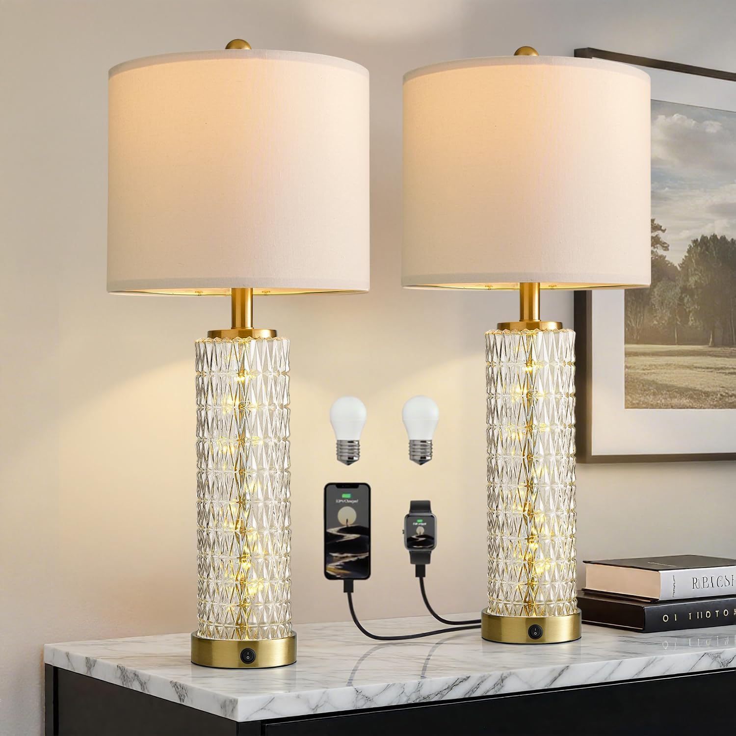 Modern Gold Table Lamps Set of 2 with USB Ports and Night Light
