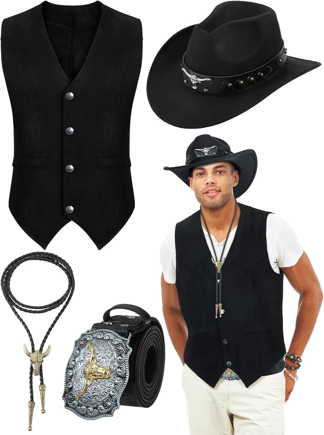 4 Pcs Western Cowboy Outfits for Men - Complete Cowboy Attire