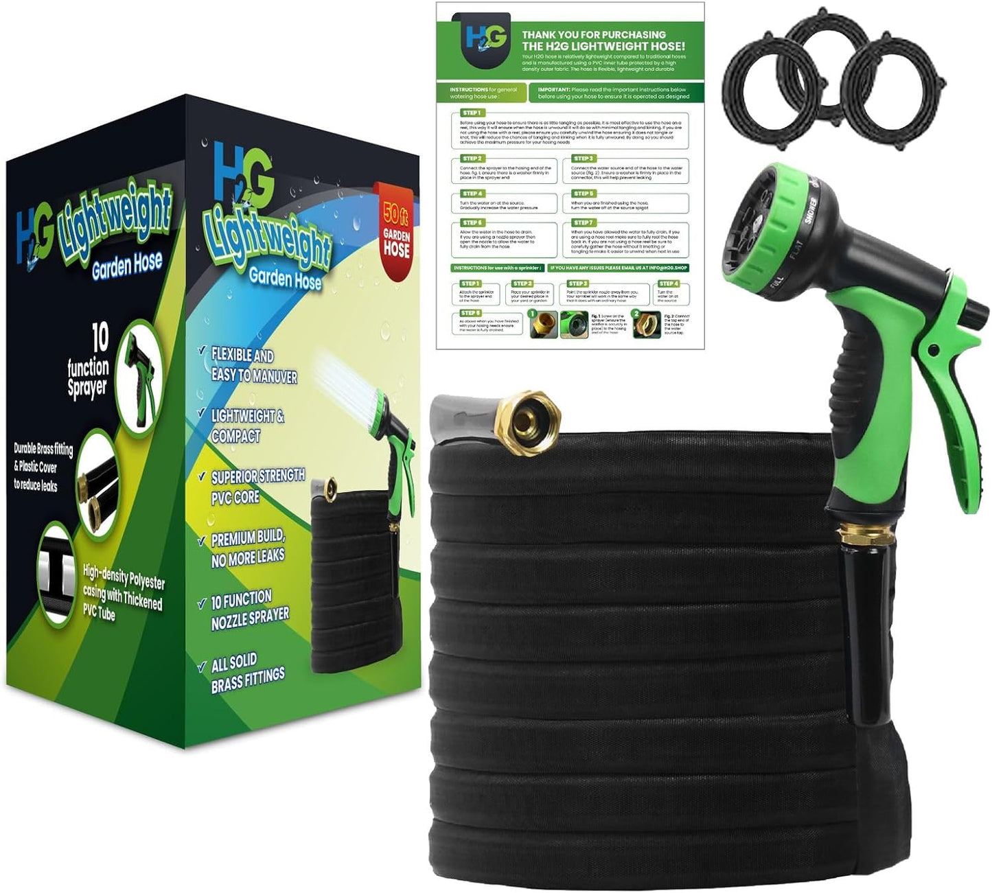 Non-Expanding Lightweight Garden Hose 50ft with 10 Mode Sprayer