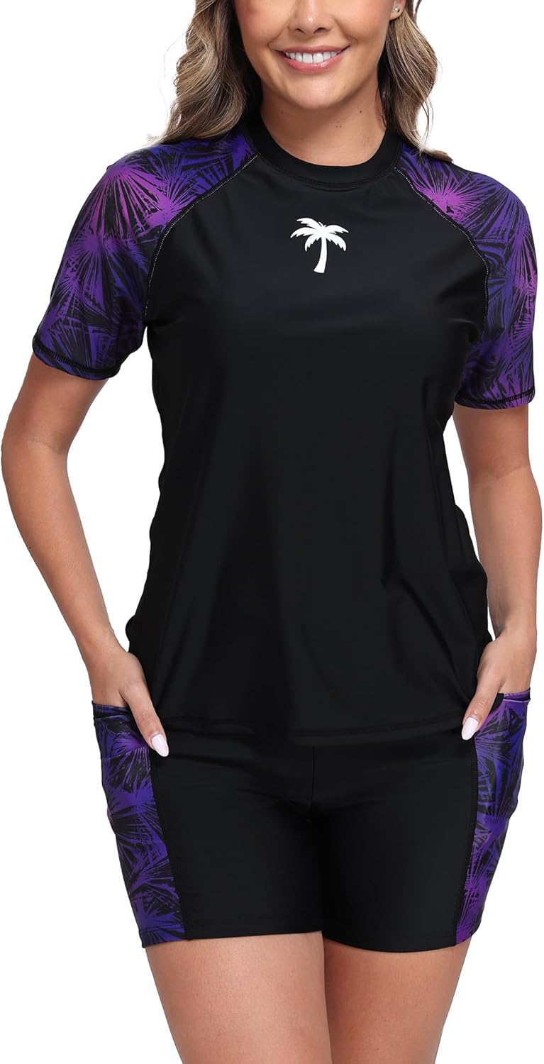 Halcurt Women's Two Piece Rash Guard Swim Set with Boyshorts