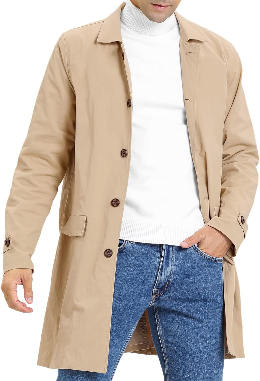 Mens Trench Coat Slim Fit Lightweight Casual Long Jacket