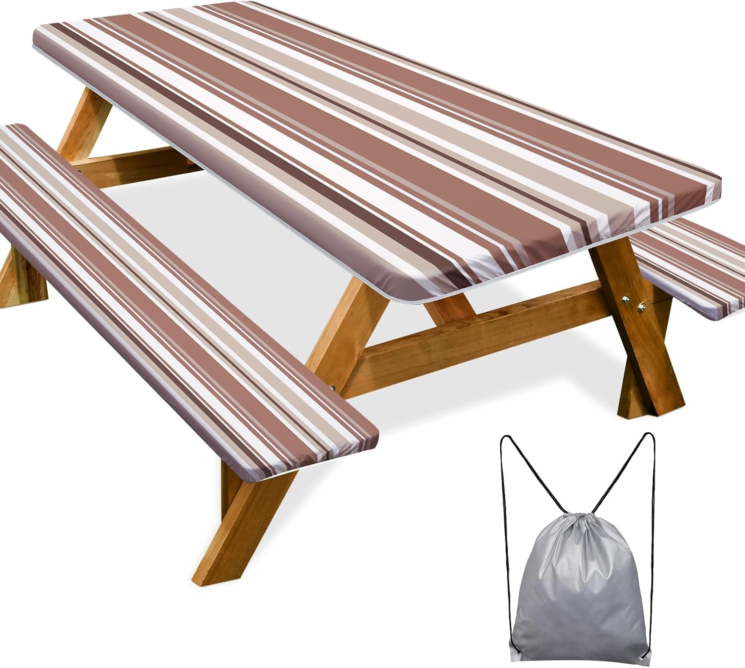 Waterproof Picnic Table Cover Set 72in Brown Stripe by Play Tailor