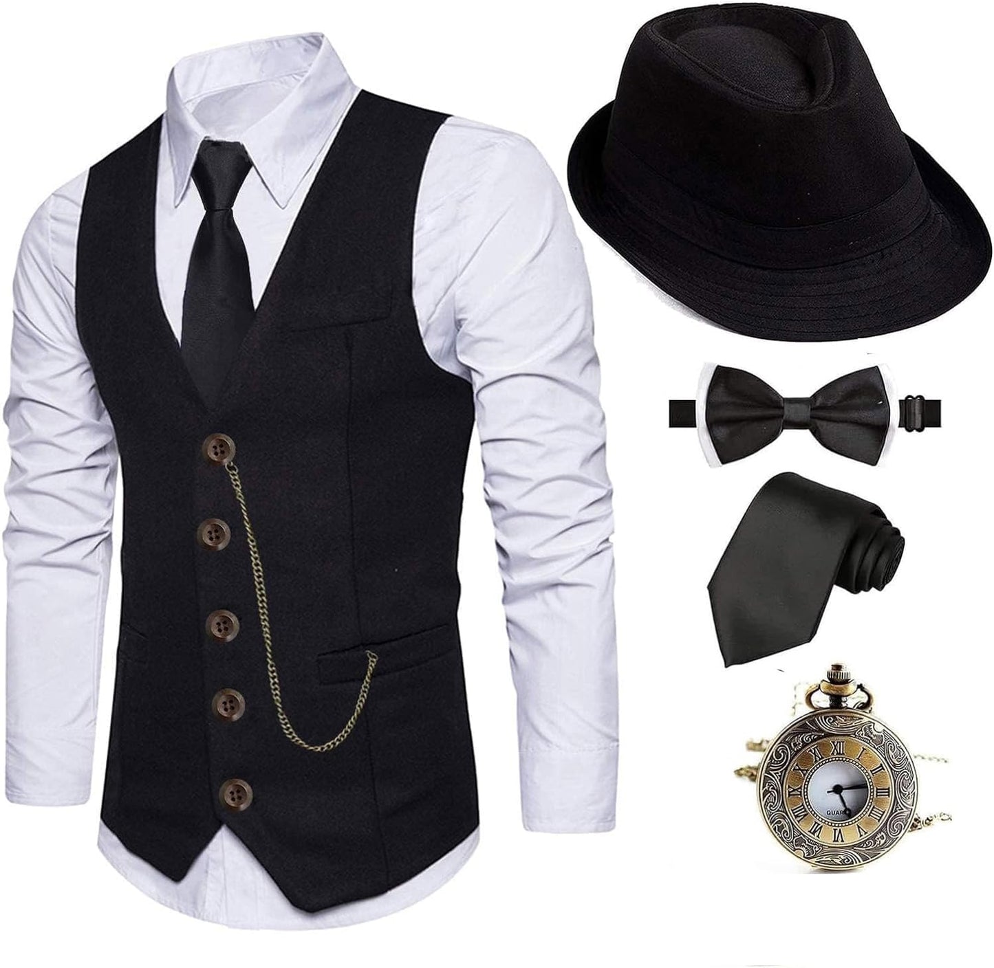 1920s Mens Costume Fedora Hat and Vintage Gangster Accessories Set