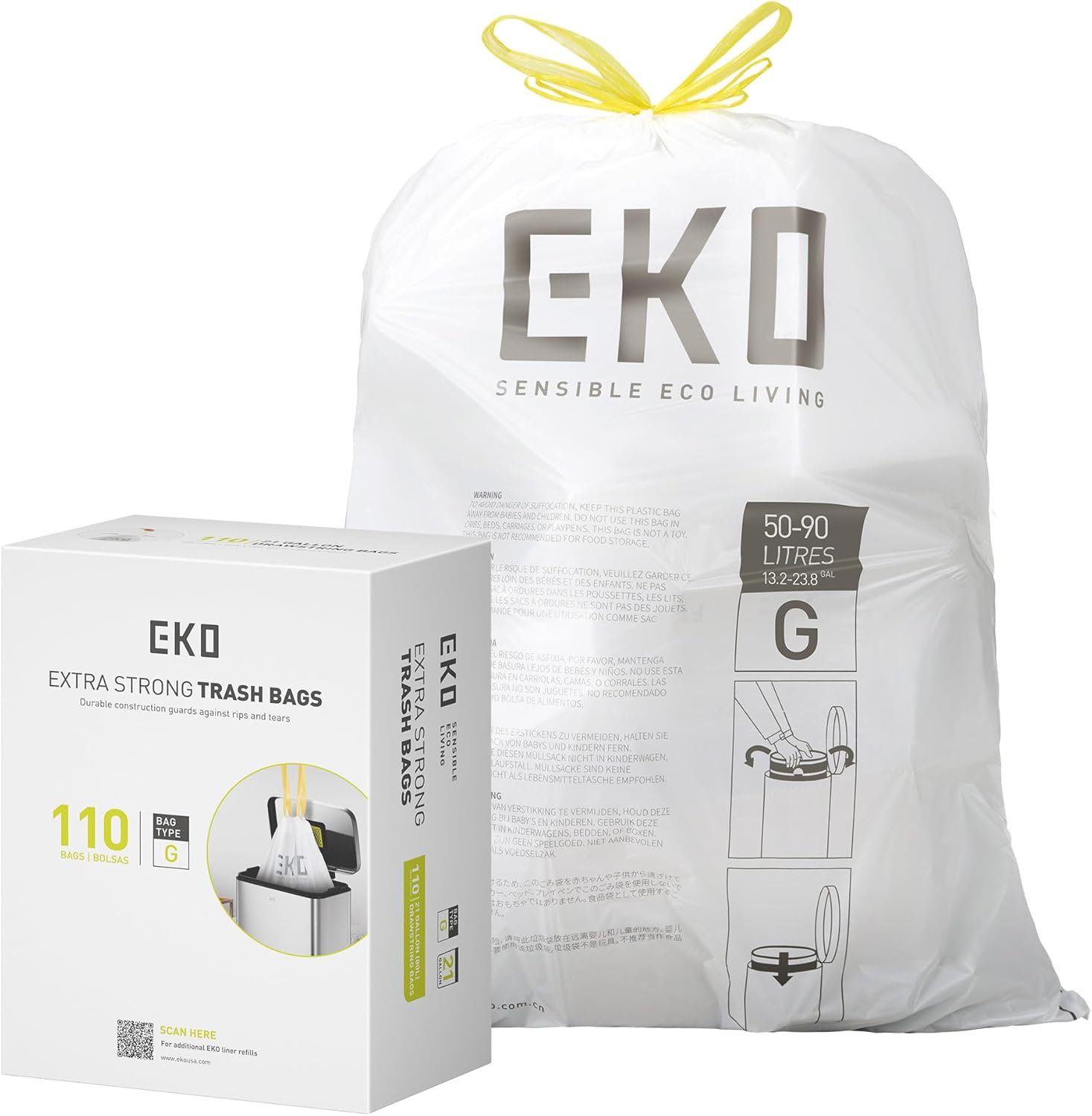 EKO 21 Gallon Extra-Strong Drawstring Trash Bags for Home Use