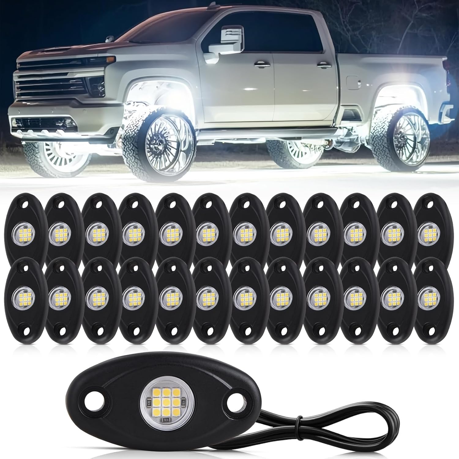 24 Pods White LED Rock Lights for Automotive Underbody Glow
