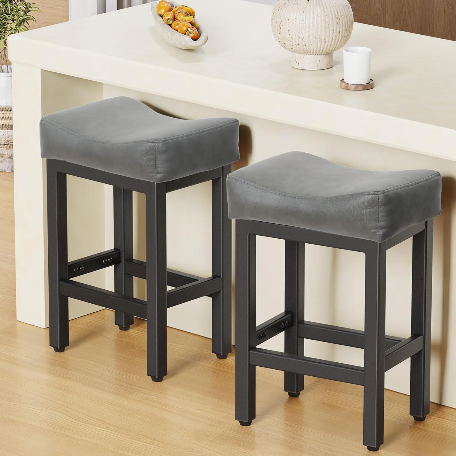Counter Height Bar Stools Set of 2 with Saddle Seats and Metal Base