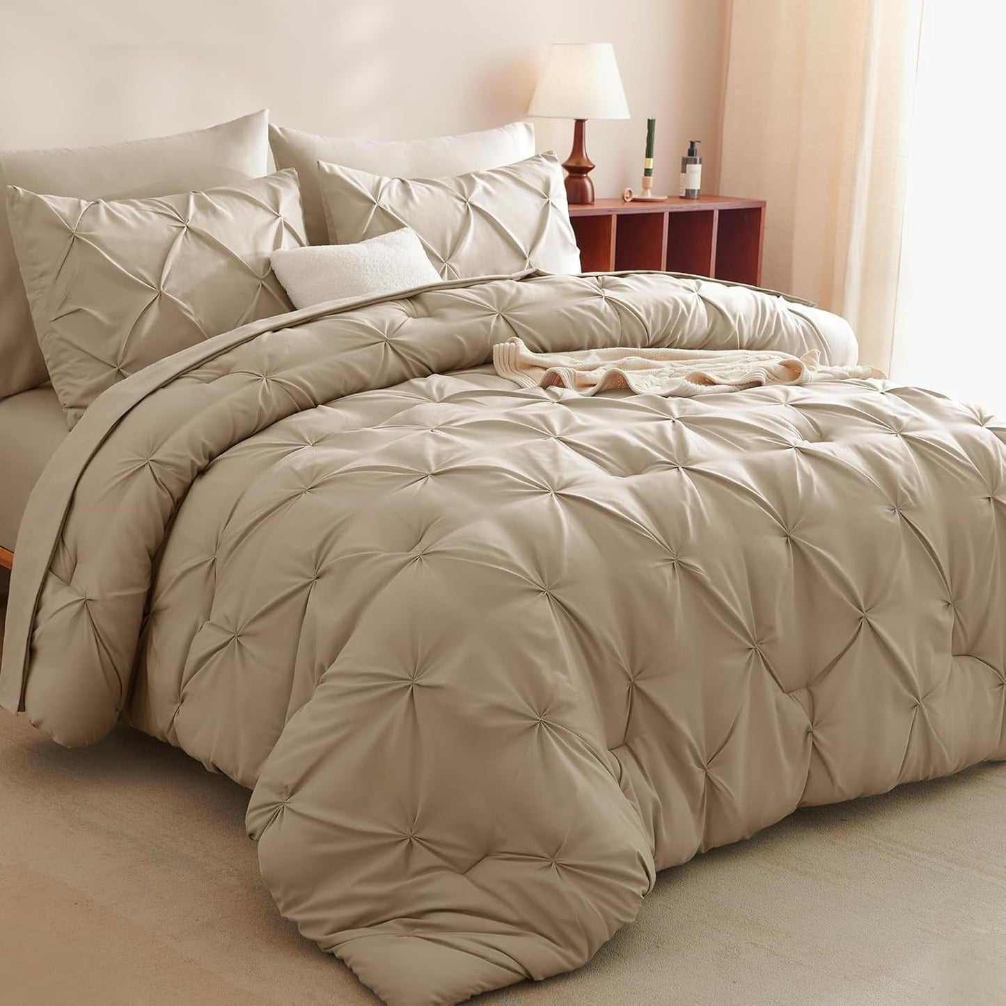 CozyLux Queen Comforter Set Taupe, 7 Pieces Pintuck Bed in A Bag