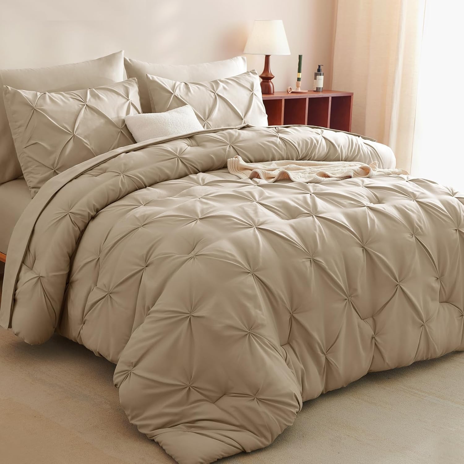 CozyLux Queen Comforter Set Taupe, 7 Pieces Pintuck Bed in A Bag