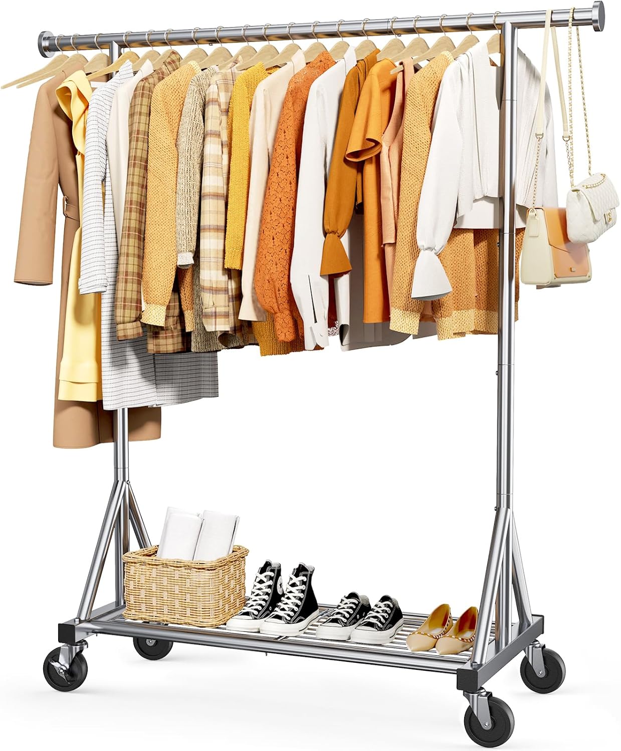 Stainless Steel Rolling Clothes Rack with Mesh Shelf and Wheels