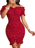 Women's Off Shoulder Bodycon Mini Dress - Smocked Drawstring Style