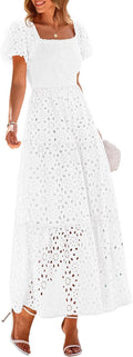 Eyelet Square Neck Smocked Maxi Dress for Women - Flattering Summer