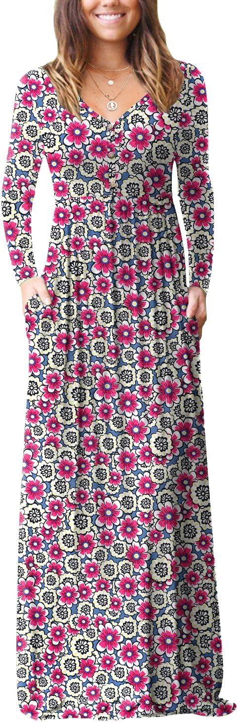 GRECERELLE Womens Long Sleeve V Neck Casual Maxi Dress with Pockets