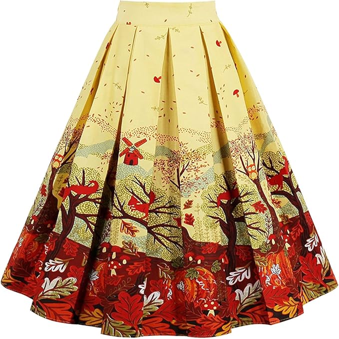 Girstunm Women's Pleated Vintage Skirt with Floral Print Design