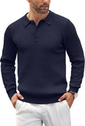 Mens Knit Polo Shirt Long Sleeve Quarter Button - Stretch Comfort are