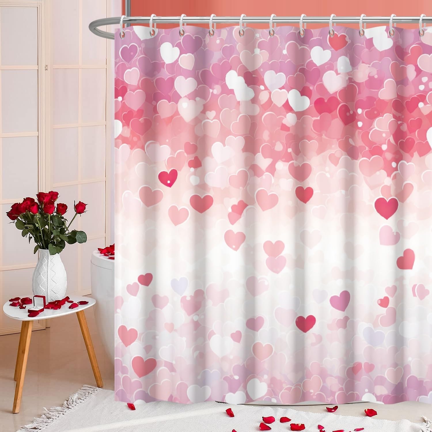 Sweet Heart Shower Curtain Set - 72x72 Inch Waterproof Pink & White - By Ruelvth