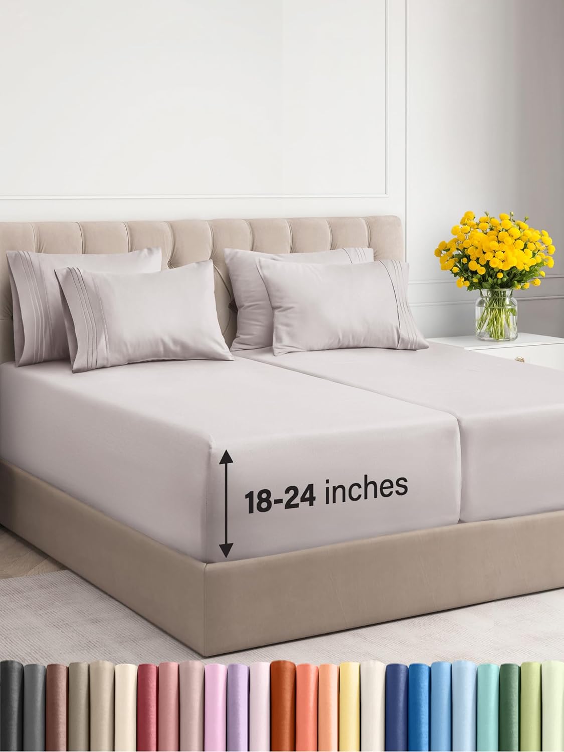 Hotel Luxury Split King Sheets - Cool & Comfy - Extra Deep Pockets - Light Grey