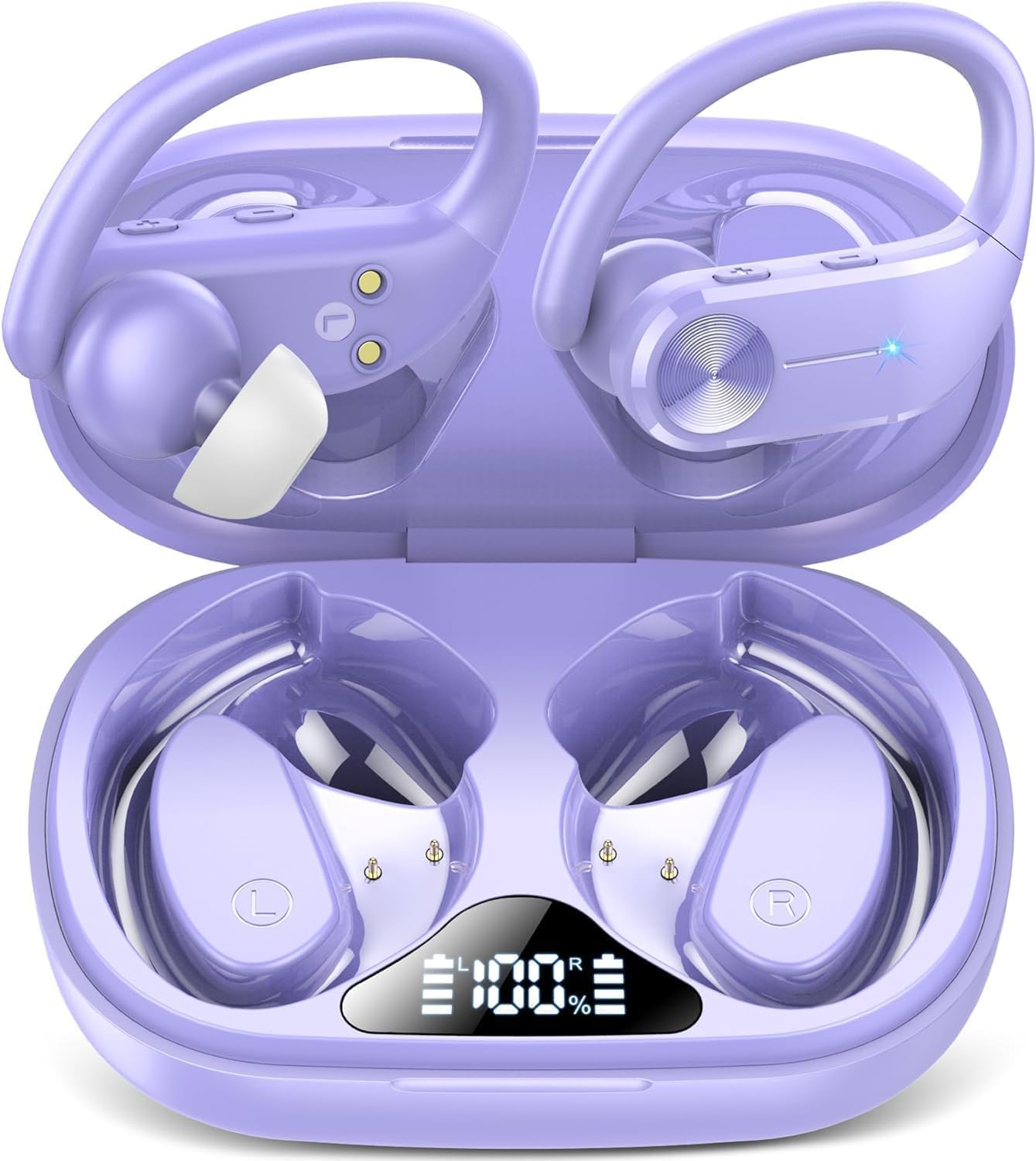 50hr Playtime Wireless Earbuds - Sweatproof, LED Display, Mauve