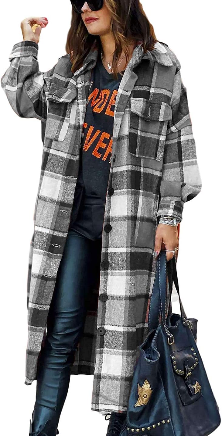 PUWEI Women's Casual Lapel Button Down Long Plaid Shacket Coat