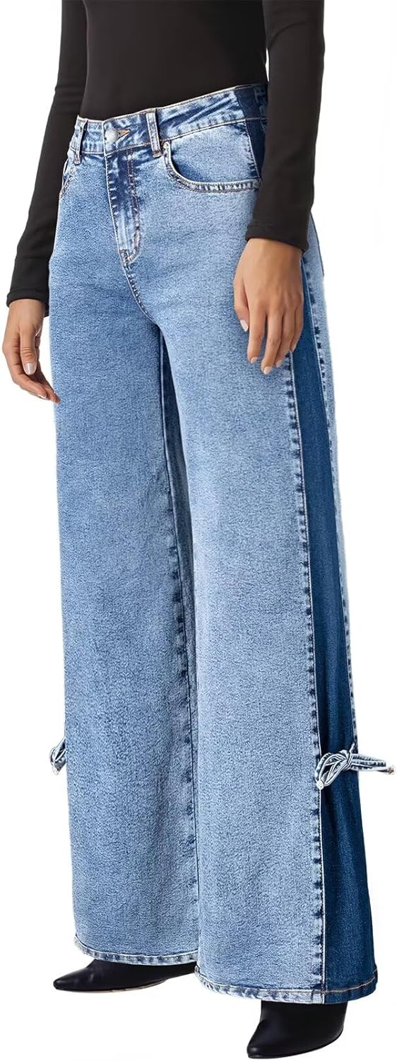 Astylish Women's High-Waisted Wide-Leg Jeans with Tie-Side Detail