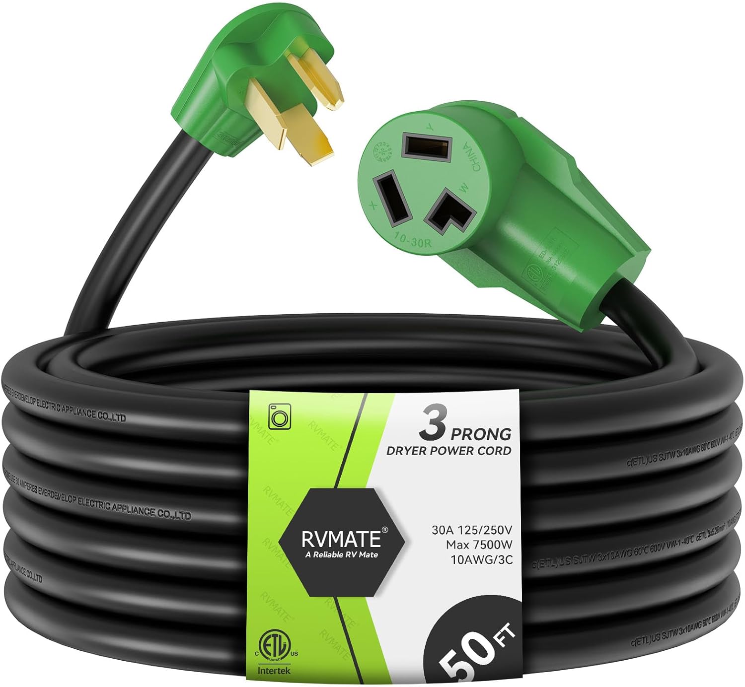 RVMATE 50 Feet 3 Prong Dryer Extension Cord for Power