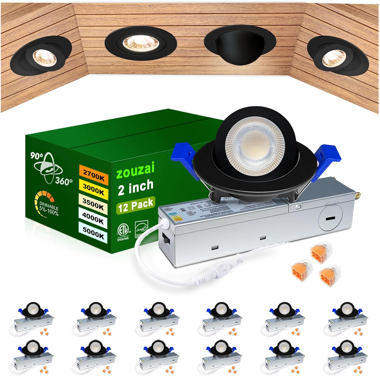 2 Inch Gimbal LED Recessed Lighting with Junction Box - 12 Pack