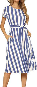 levaca Women's Short Sleeve Striped Casual Flowy Midi Belt Dress