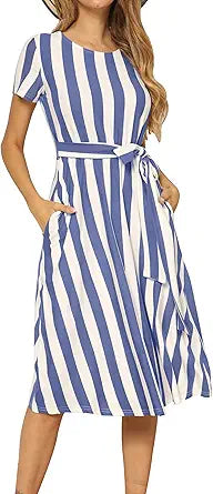 levaca Women's Short Sleeve Striped Casual Flowy Midi Dress