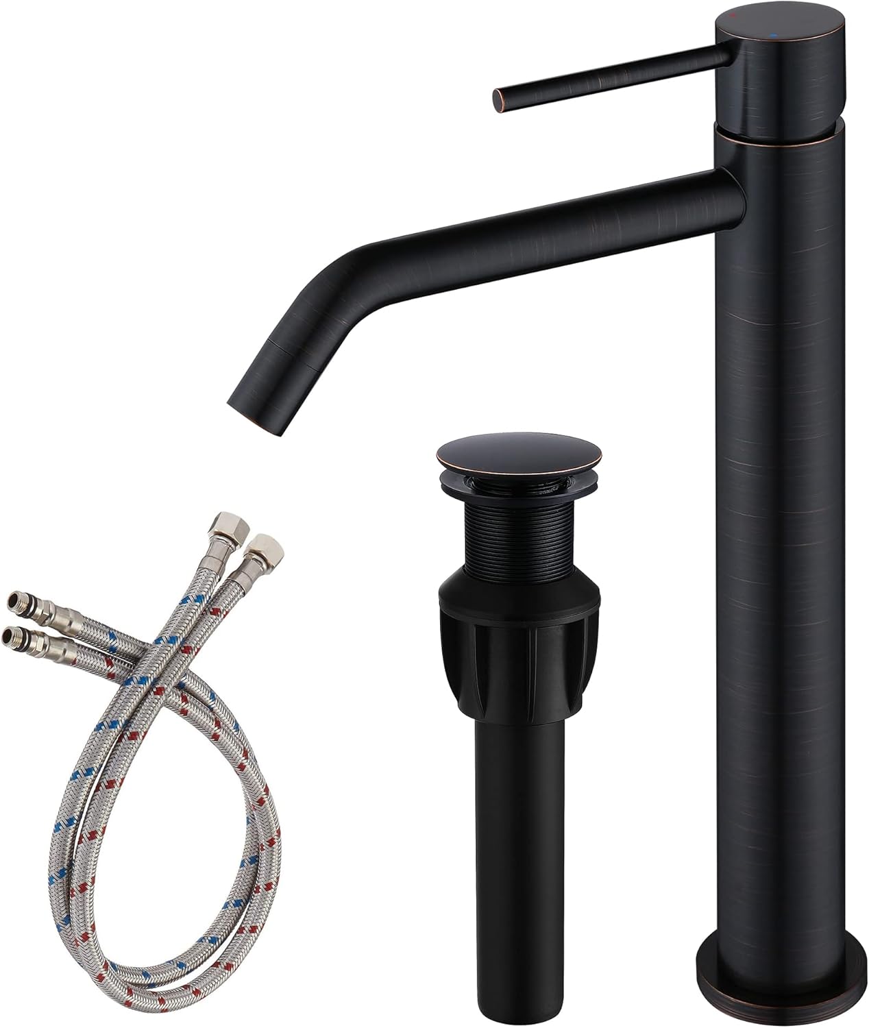 Bronze Vessel Sink Faucet with Pop Up Drain and Supply Hose 1 Handle
