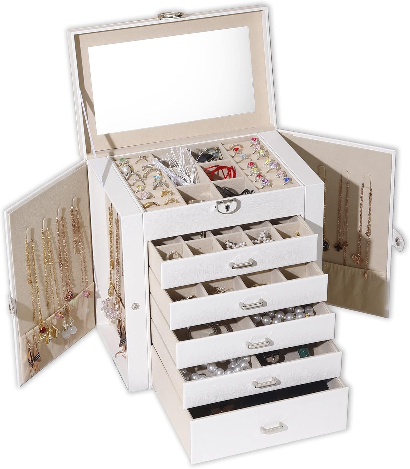 Elegant 6 Layer Jewelry Box Organizer with Mirror and Lock