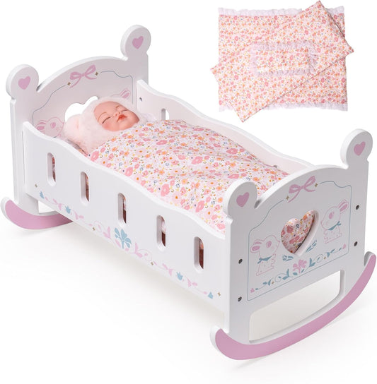 ROBOTIME Wooden Baby Doll Crib for 18-24 Inch Dolls - Safe & Chic
