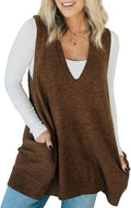 Womens Sleeveless Sweater Vest V Neck Tunic Top - Pocketed