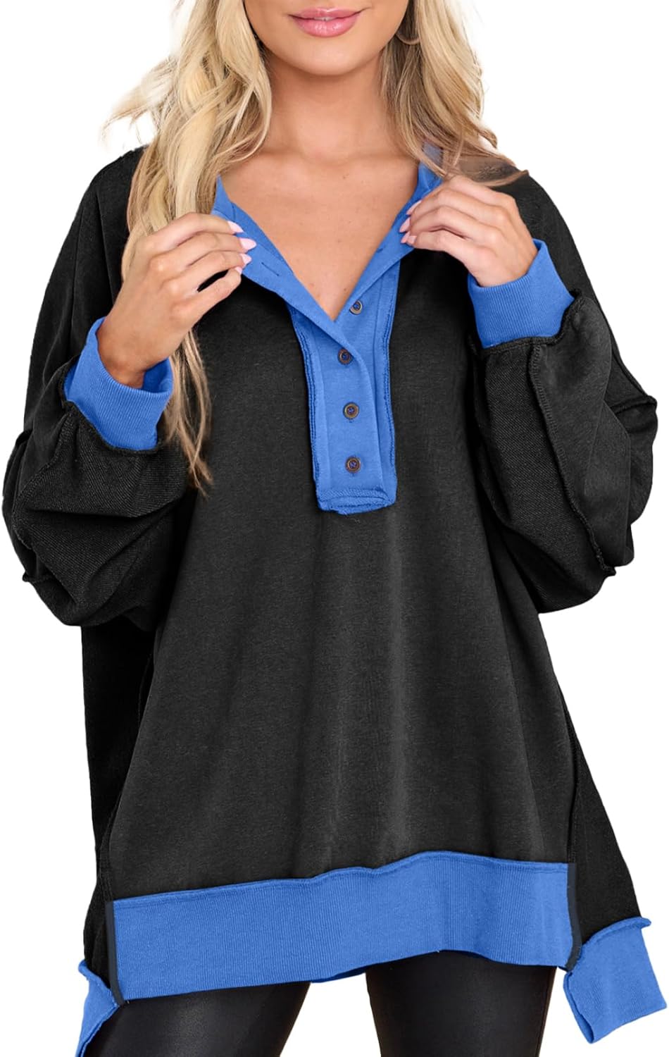 AlvaQ Oversized Casual Long Sleeve Button Henley Sweatshirt