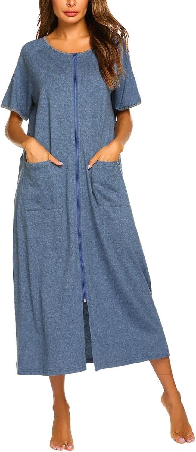 Ekouaer Women Robes Zipper Front Short Sleeve Full Length Housecoat
