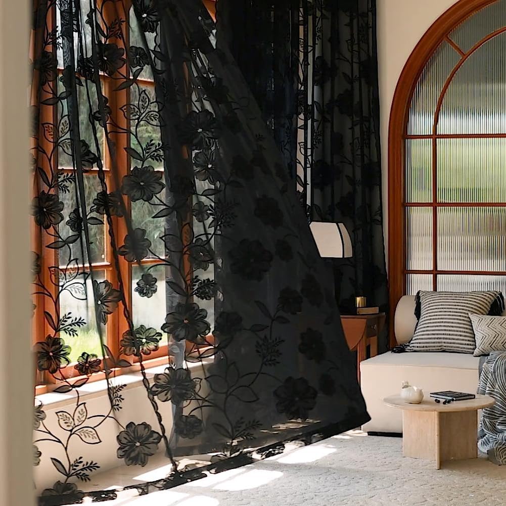 Elegant Black Lace Sheer Curtains for Bedroom and Living Room