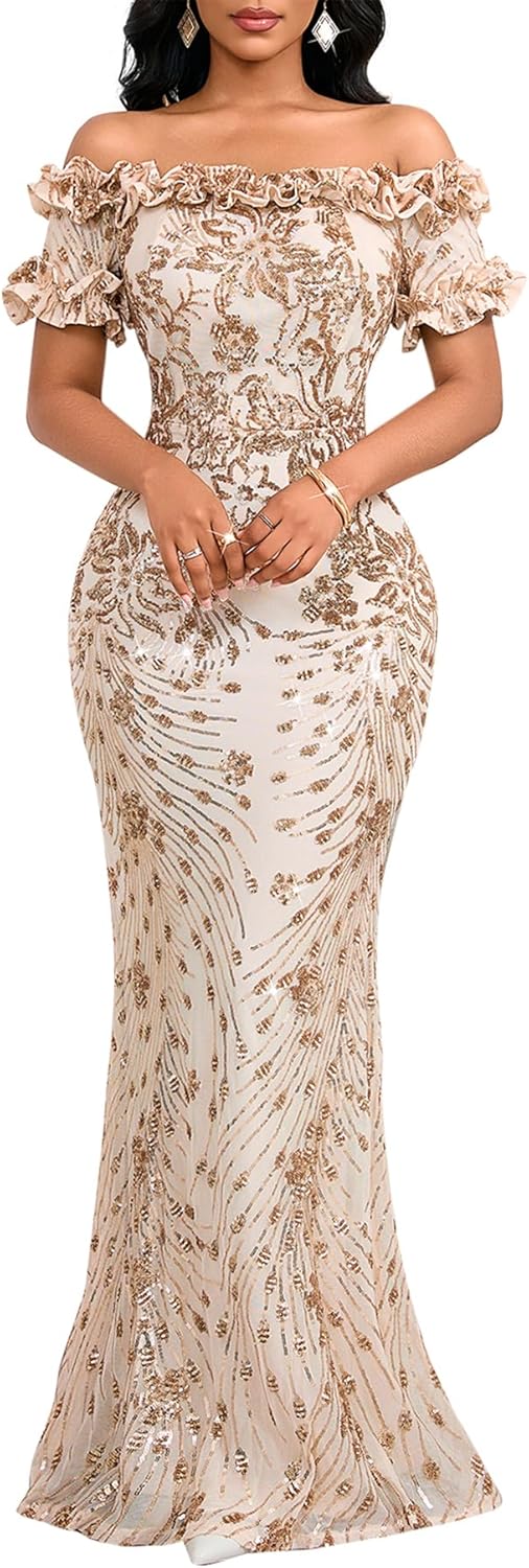 Women Sexy Sequin Off Shoulder Ruffle Bodycon Mermaid Dress