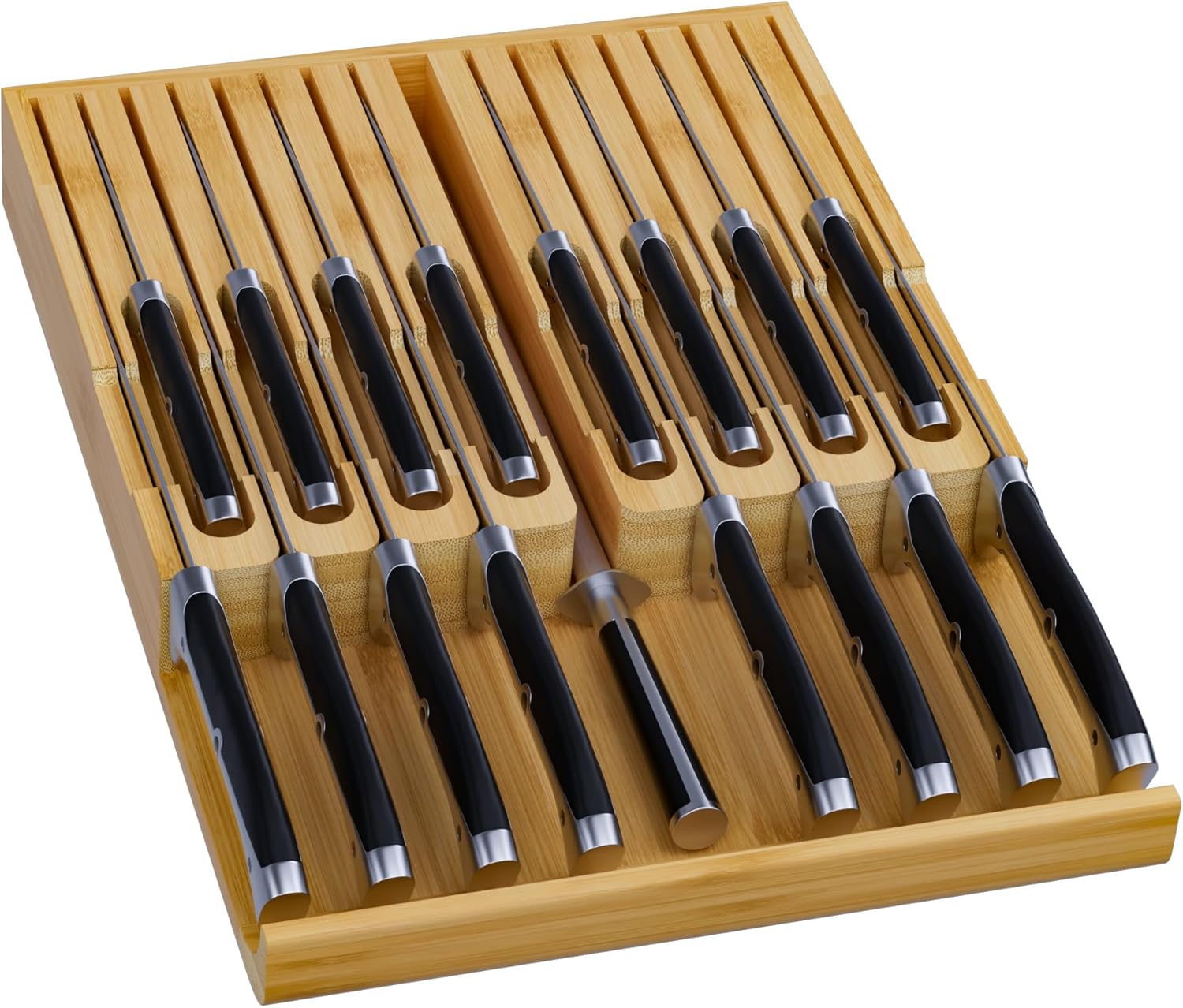 Domax Bamboo In-drawer Knife Block for 16 Knives and Steel