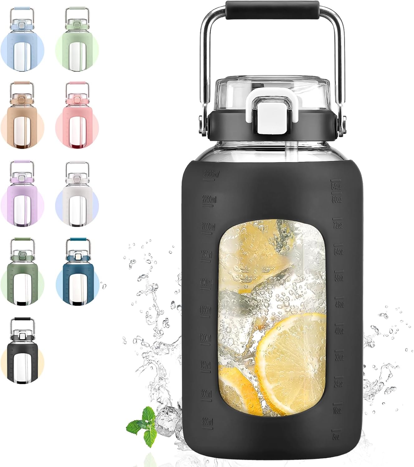 84oz Glass Water Bottle with Stainless Steel Handle for Fitness